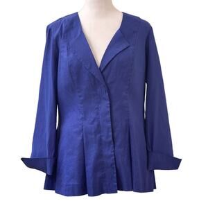 Zozo Blue Linen Hidden Button Long Sleeve Cuffed V-Neck Blouse Top Size Medium